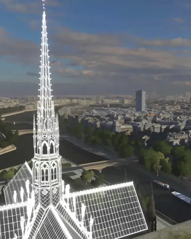 Projection de la flèche de Notre-Dame de Paris en réalité virtuelle