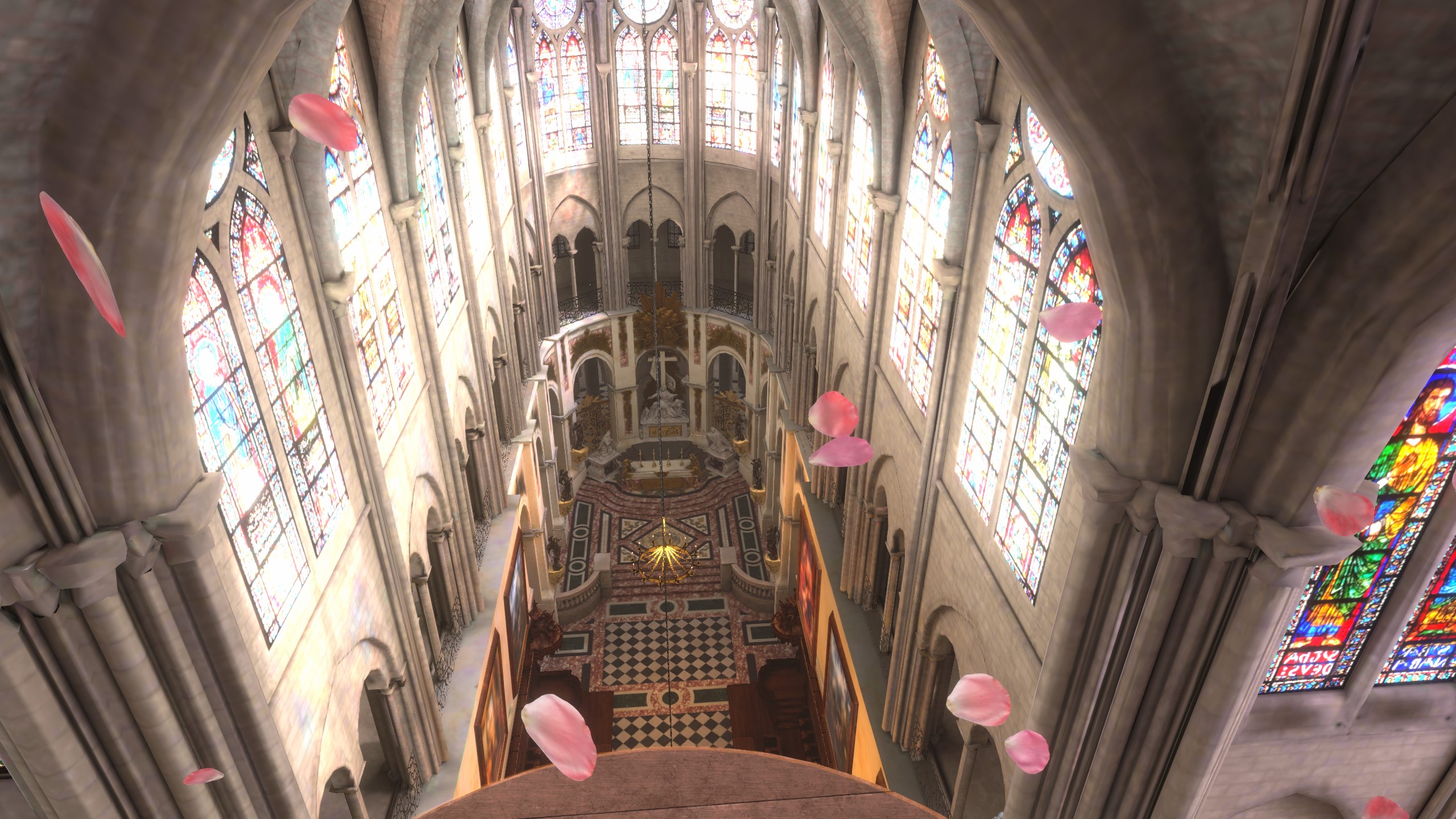 Choeur de Notre-Dame de Paris en vue plongeante avec des pétales