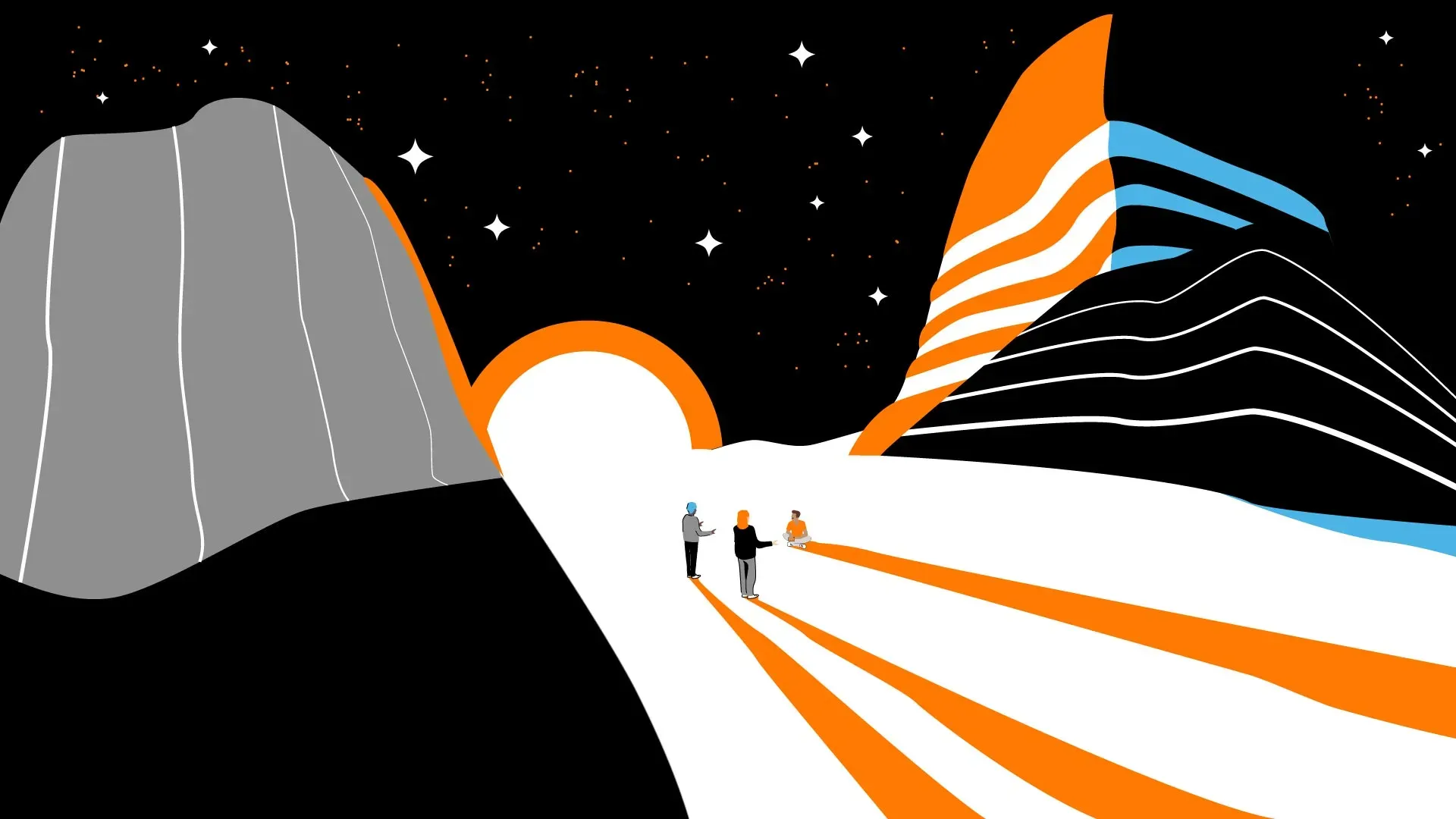 paysage illustré onirique, montagnes, soleil et 3 personnages