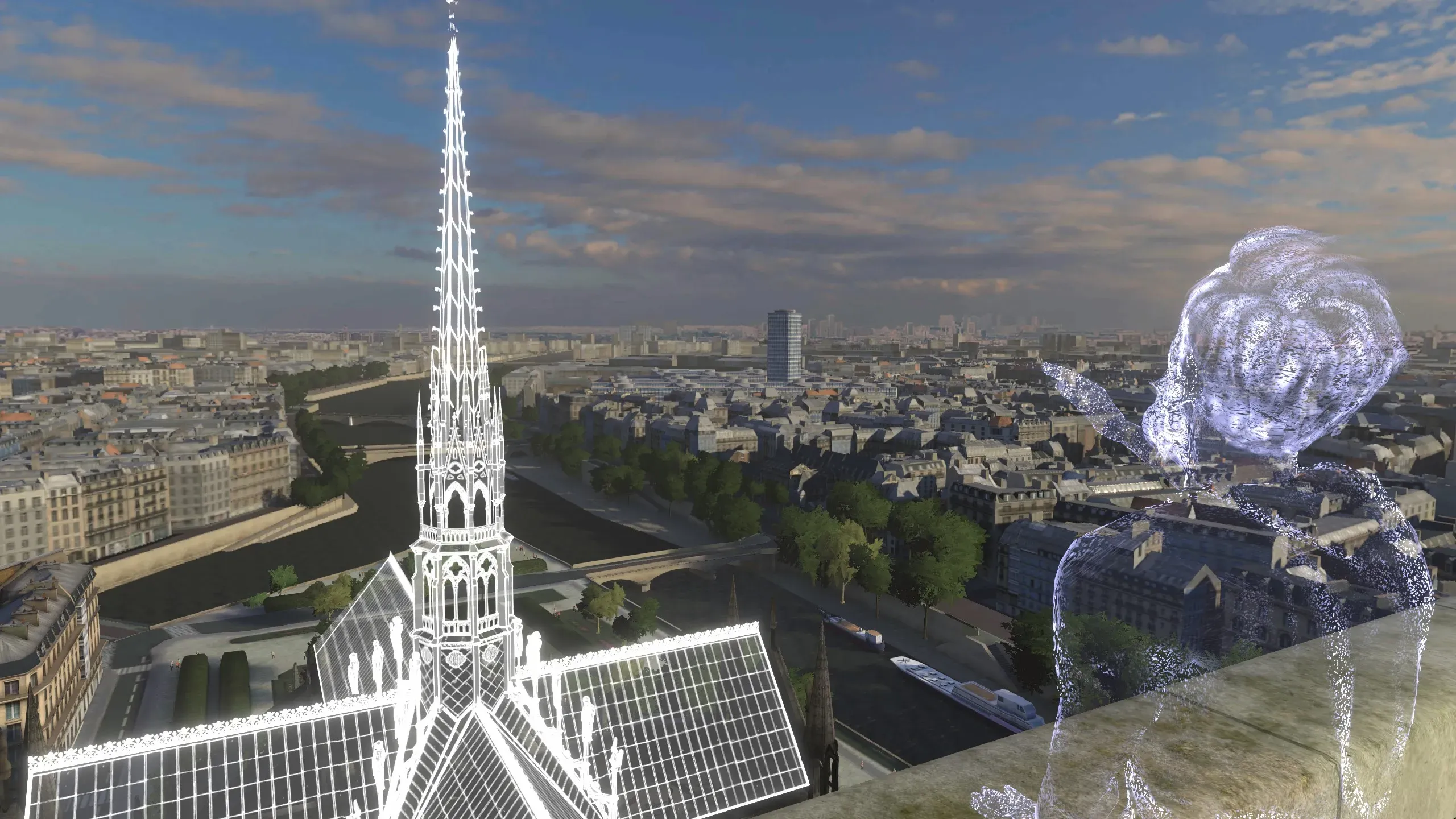 Projection de la flèche de Notre-Dame de Paris en réalité virtuelle