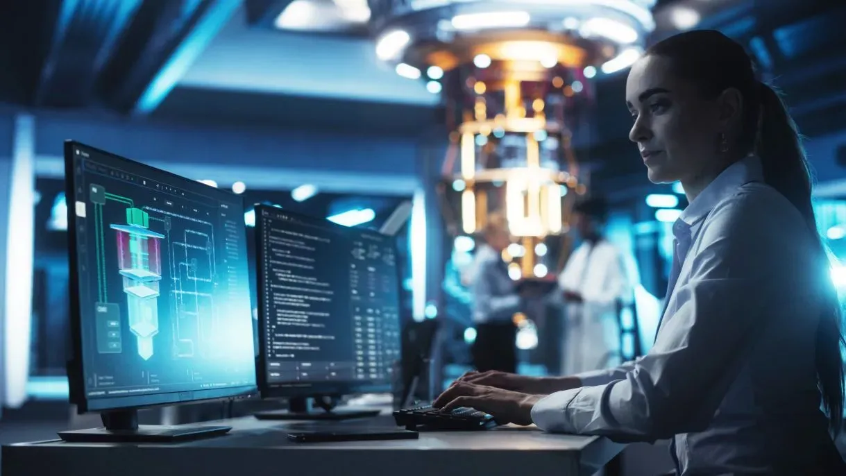 une femme se tenant devant des écrans d'ordinateur