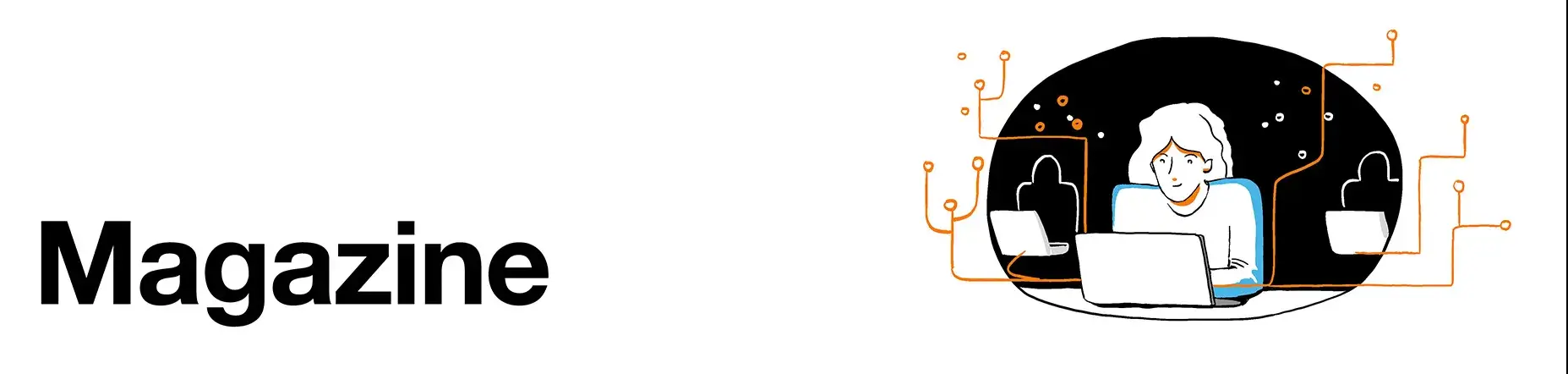 Illustration magazine cybersécurité d'une femme derrière un écran