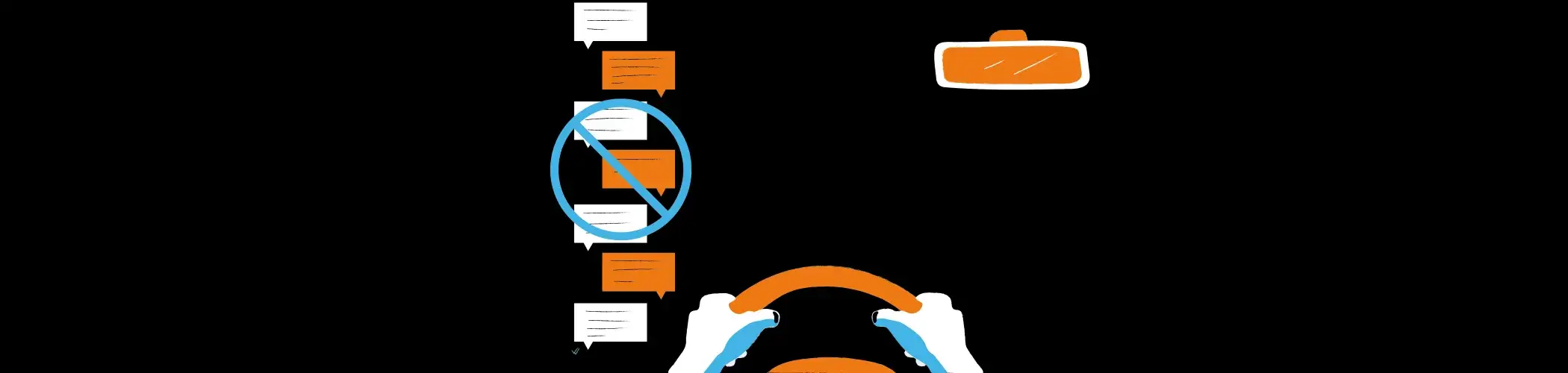 Illustration de main sur un volant avec des messages lu sur le côté