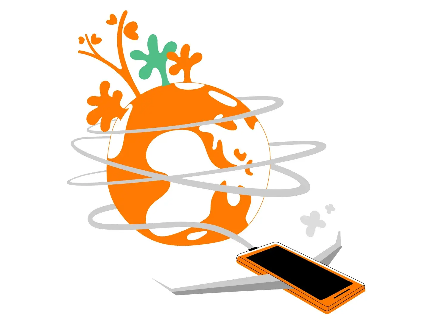 illustration une terre agite les bras entourée du cable d'un téléphone mobile