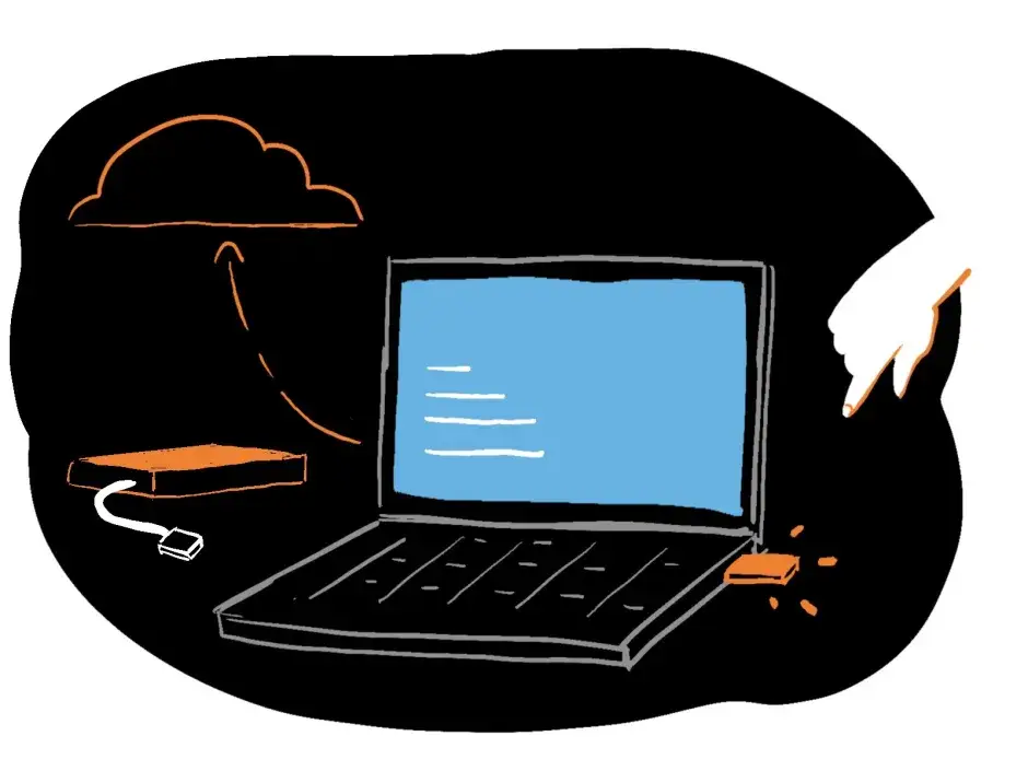 Illustration d'un ordinateur sauvegardant sur le cloud et une clé usb